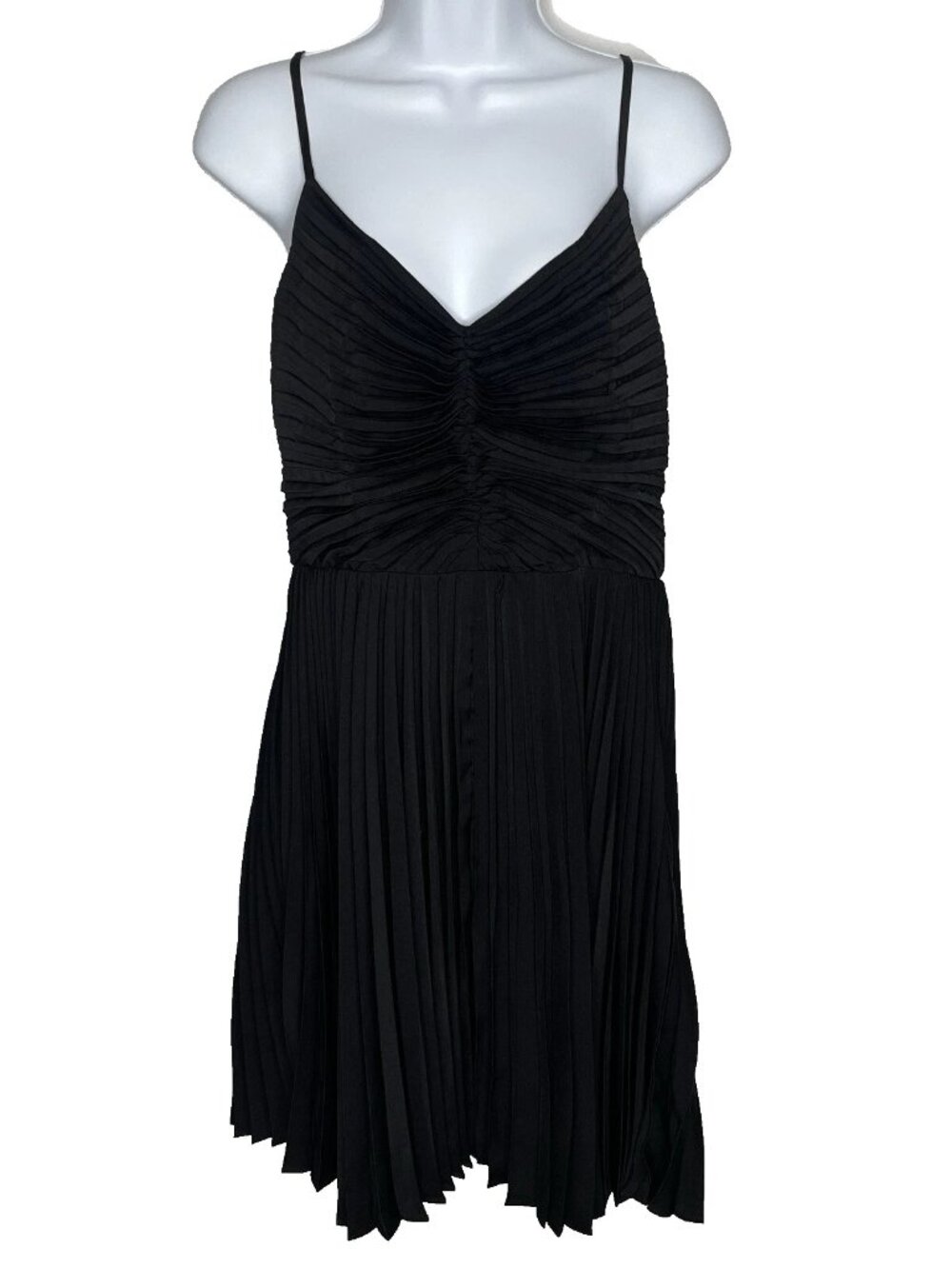 Express Satin Cocktail Mini Dress Size M Black V-neck Accordion Pleated